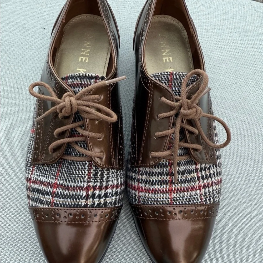Anne Klein oxford shoes womens 8.5M Louisa Plaid Bronze Lace-up Academia